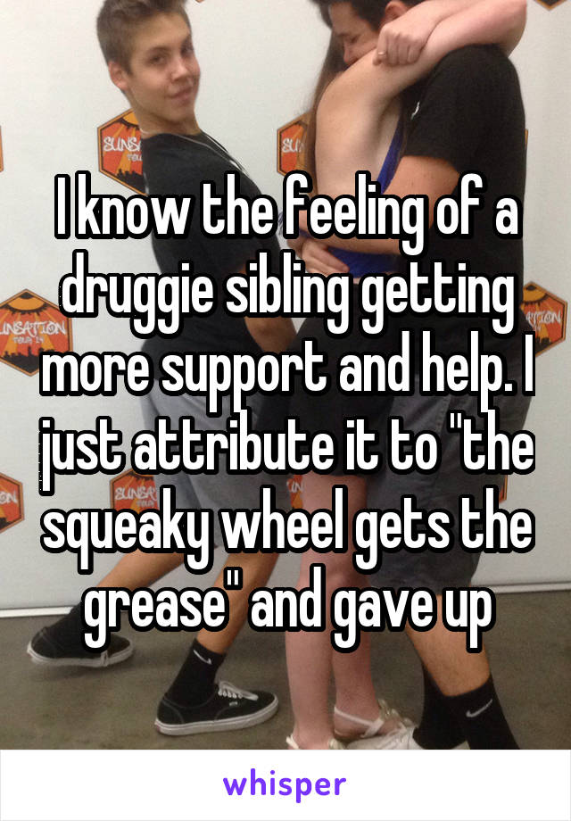 I know the feeling of a druggie sibling getting more support and help. I just attribute it to "the squeaky wheel gets the grease" and gave up