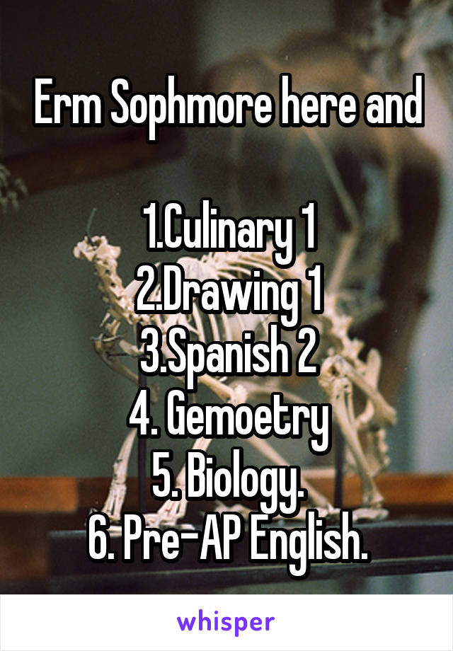 Erm Sophmore here and 
1.Culinary 1
2.Drawing 1
3.Spanish 2
4. Gemoetry
5. Biology.
6. Pre-AP English.