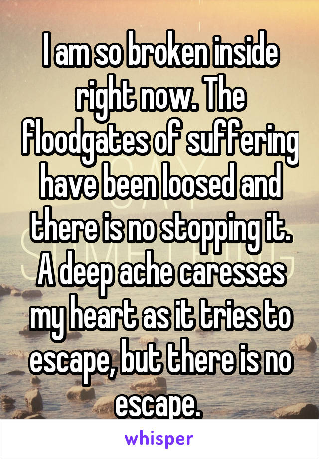I am so broken inside right now. The floodgates of suffering have been loosed and there is no stopping it. A deep ache caresses my heart as it tries to escape, but there is no escape. 