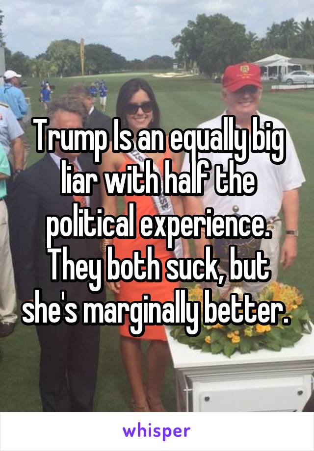 Trump Is an equally big liar with half the political experience. They both suck, but she's marginally better. 
