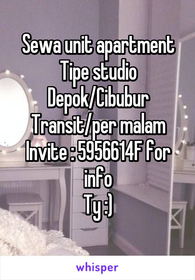 Sewa unit apartment
Tipe studio
Depok/Cibubur
Transit/per malam
Invite : 5956614F for info
Ty :)
