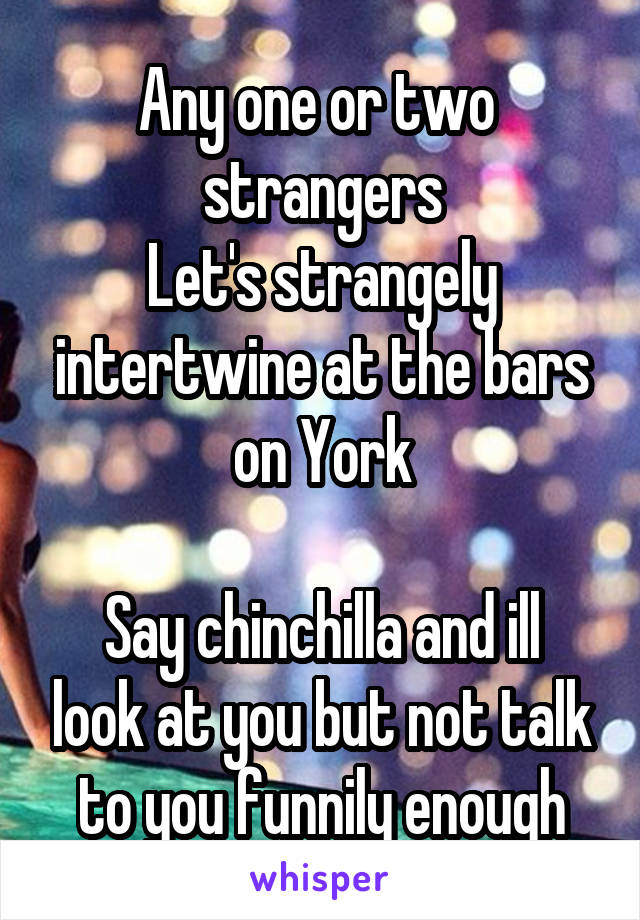 Any one or two  strangers
Let's strangely intertwine at the bars on York

Say chinchilla and ill look at you but not talk to you funnily enough