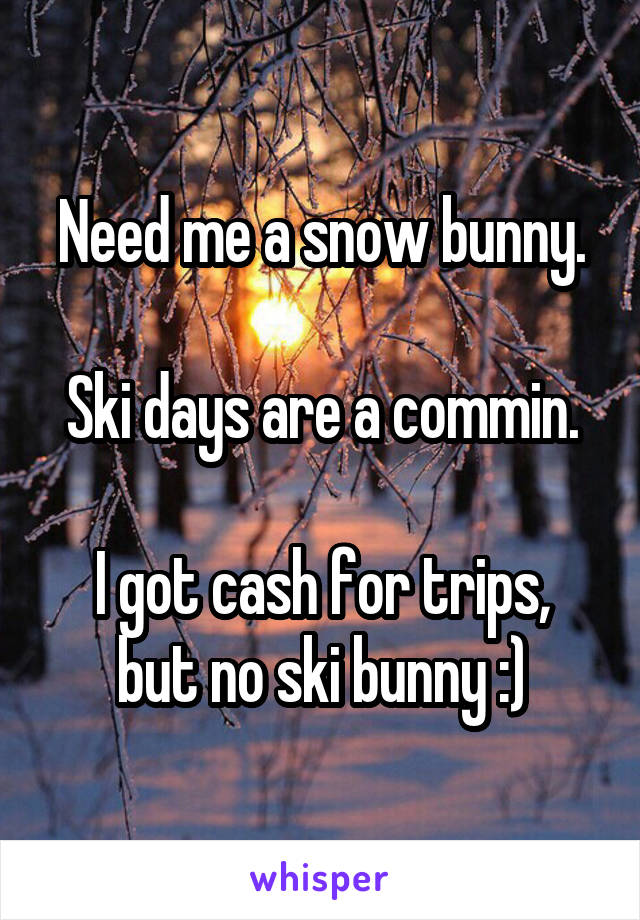Need me a snow bunny.

Ski days are a commin.

I got cash for trips, but no ski bunny :)