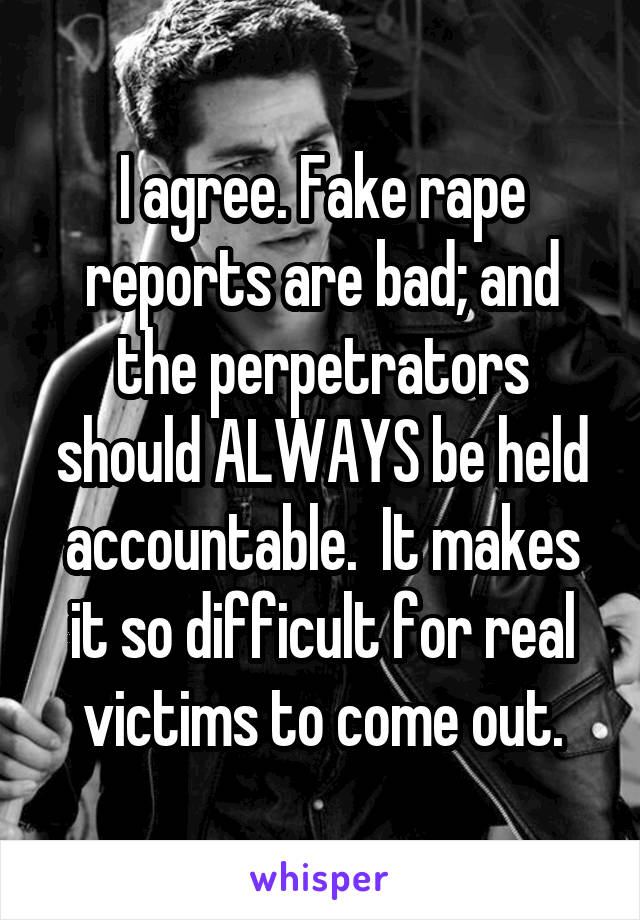 I agree. Fake rape reports are bad; and the perpetrators should ALWAYS be held accountable.  It makes it so difficult for real victims to come out.