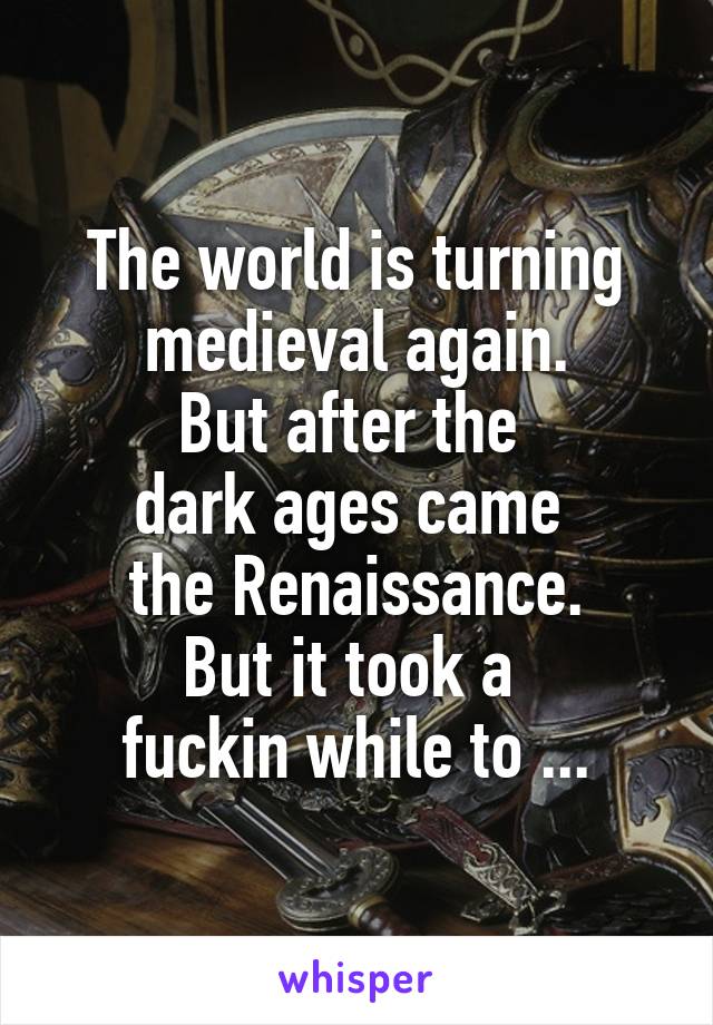 The world is turning medieval again.
But after the 
dark ages came 
the Renaissance.
But it took a 
fuckin while to ...