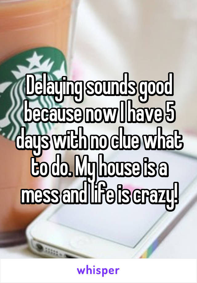 Delaying sounds good because now I have 5 days with no clue what to do. My house is a mess and life is crazy!