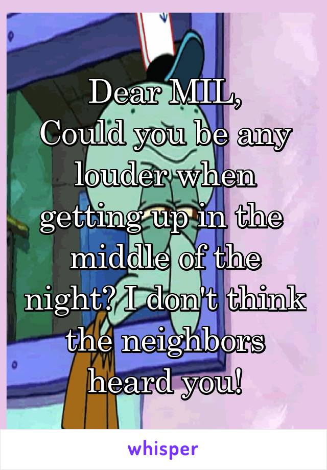 Dear MIL,
Could you be any louder when getting up in the 
middle of the night? I don't think the neighbors heard you!