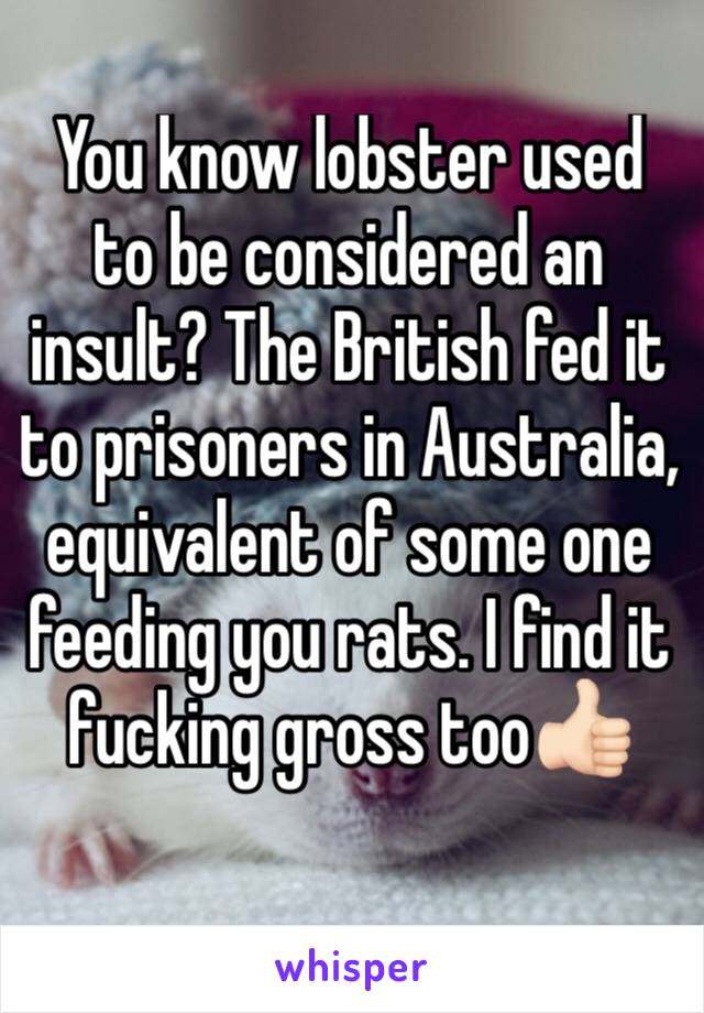 You know lobster used to be considered an insult? The British fed it to prisoners in Australia, equivalent of some one feeding you rats. I find it fucking gross too👍🏻