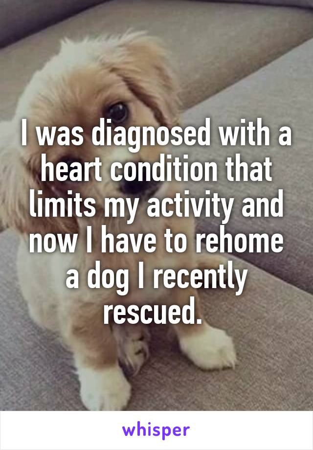 I was diagnosed with a heart condition that limits my activity and now I have to rehome a dog I recently rescued. 