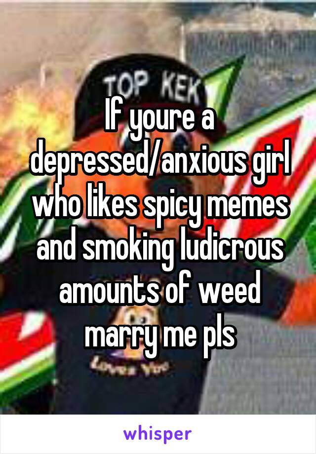 If youre a depressed/anxious girl who likes spicy memes and smoking ludicrous amounts of weed marry me pls