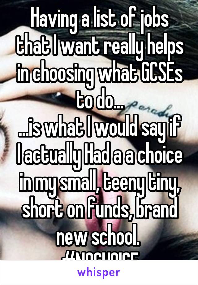 Having a list of jobs that I want really helps in choosing what GCSEs to do...
...is what I would say if I actually Had a a choice in my small, teeny tiny, short on funds, brand new school. 
#NOCHOICE