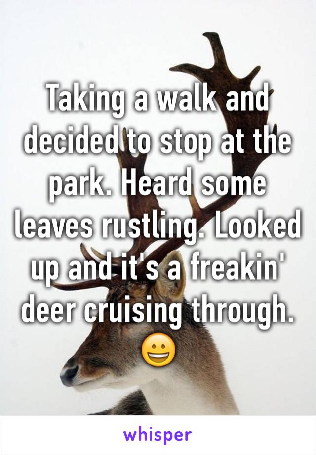 Taking a walk and decided to stop at the park. Heard some leaves rustling. Looked up and it's a freakin' deer cruising through. 😀