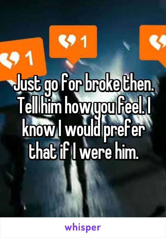 Just go for broke then. Tell him how you feel. I know I would prefer that if I were him.