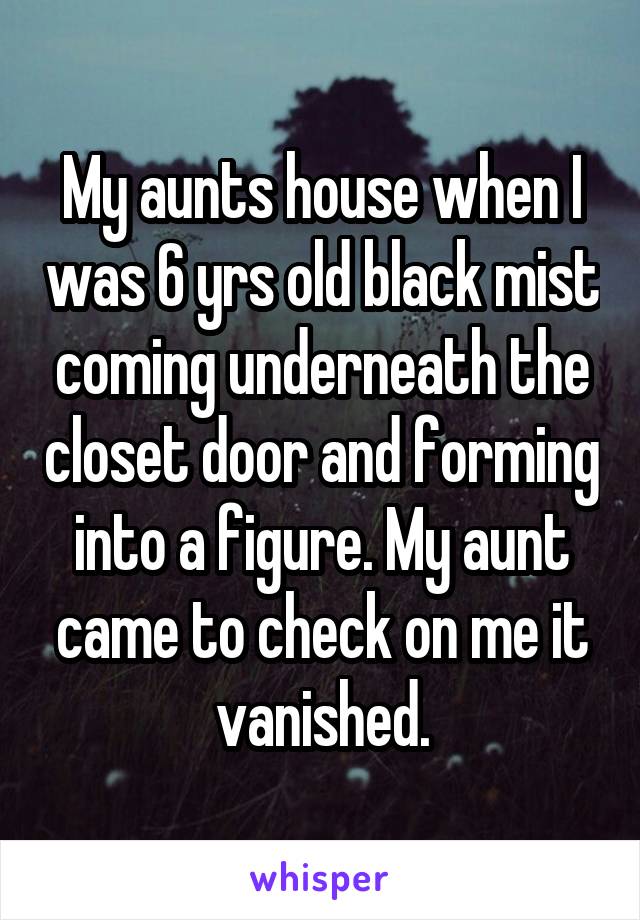 My aunts house when I was 6 yrs old black mist coming underneath the closet door and forming into a figure. My aunt came to check on me it vanished.