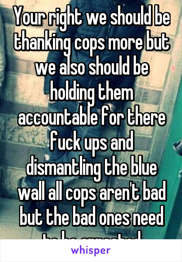 Your right we should be thanking cops more but we also should be holding them accountable for there fuck ups and dismantling the blue wall all cops aren't bad but the bad ones need to be arrested