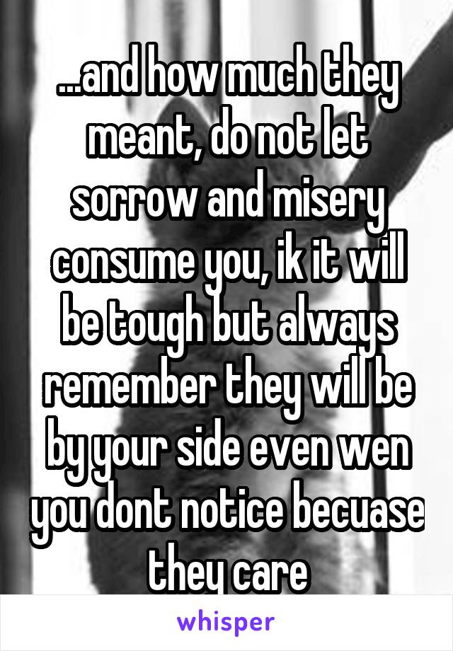 ...and how much they meant, do not let sorrow and misery consume you, ik it will be tough but always remember they will be by your side even wen you dont notice becuase they care