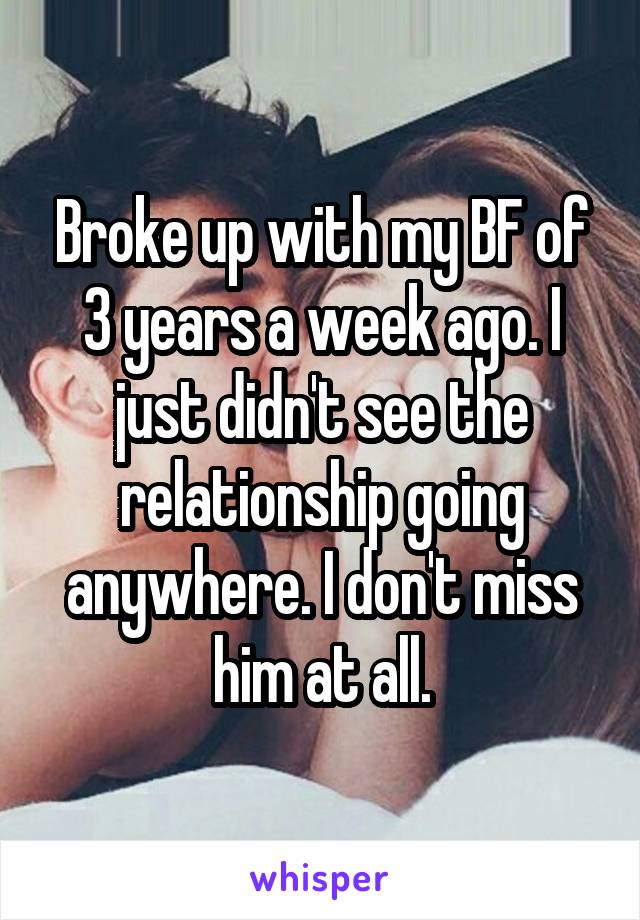 Broke up with my BF of 3 years a week ago. I just didn't see the relationship going anywhere. I don't miss him at all.