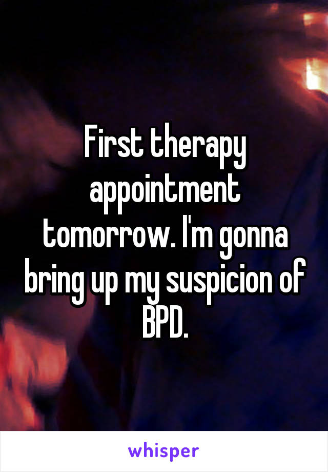 First therapy appointment tomorrow. I'm gonna bring up my suspicion of BPD.