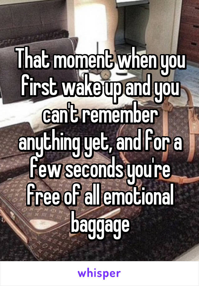 That moment when you first wake up and you can't remember anything yet, and for a few seconds you're free of all emotional baggage