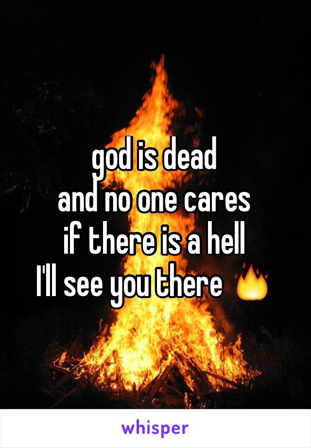 god is dead
and no one cares
if there is a hell
I'll see you there 🔥