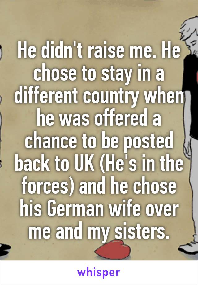 He didn't raise me. He chose to stay in a different country when he was offered a chance to be posted back to UK (He's in the forces) and he chose his German wife over me and my sisters.