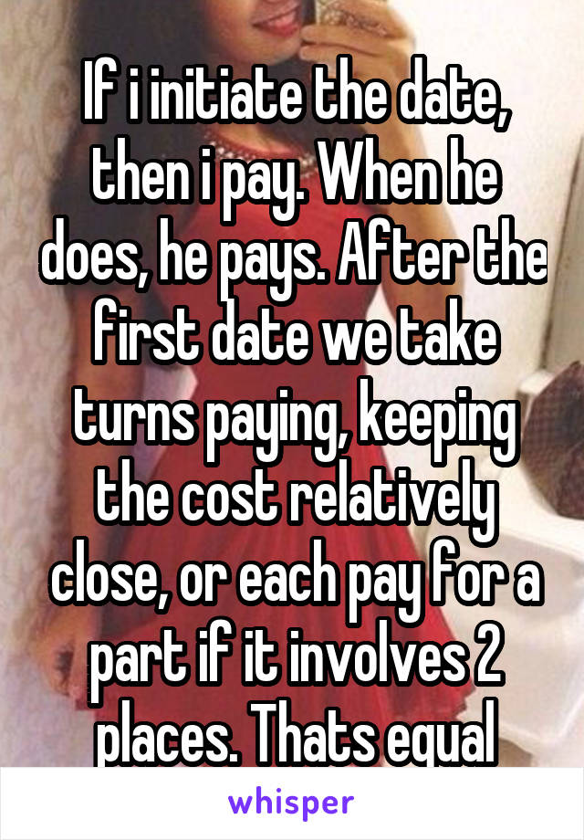 If i initiate the date, then i pay. When he does, he pays. After the first date we take turns paying, keeping the cost relatively close, or each pay for a part if it involves 2 places. Thats equal