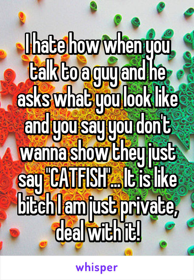 I hate how when you talk to a guy and he asks what you look like and you say you don't wanna show they just say "CATFISH"... It is like bitch I am just private, deal with it!