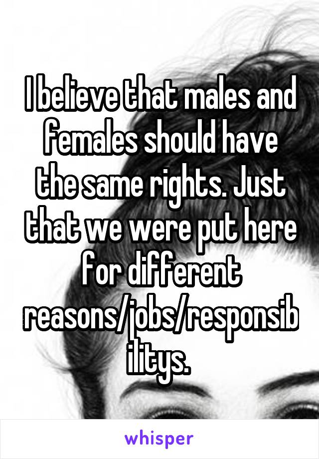 I believe that males and females should have the same rights. Just that we were put here for different reasons/jobs/responsibilitys. 