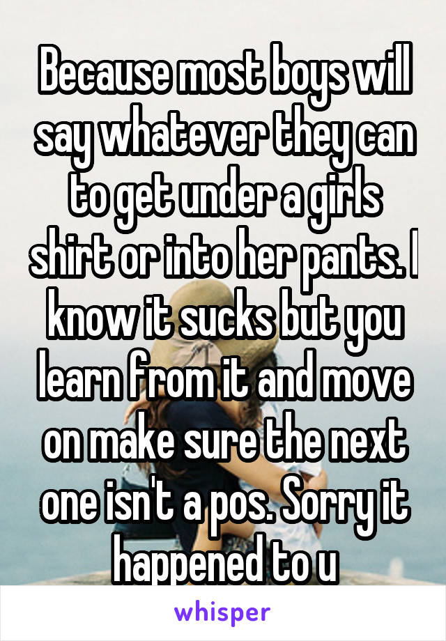 Because most boys will say whatever they can to get under a girls shirt or into her pants. I know it sucks but you learn from it and move on make sure the next one isn't a pos. Sorry it happened to u