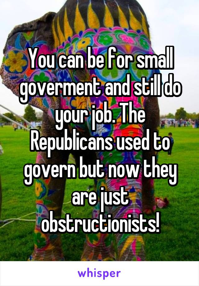 You can be for small goverment and still do your job. The Republicans used to govern but now they are just obstructionists!