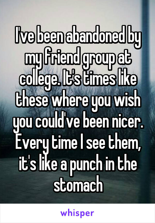 I've been abandoned by my friend group at college. It's times like these where you wish you could've been nicer. Every time I see them, it's like a punch in the stomach