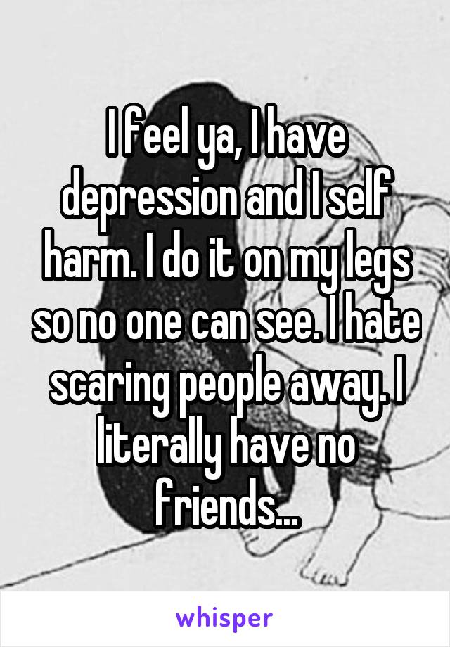 I feel ya, I have depression and I self harm. I do it on my legs so no one can see. I hate scaring people away. I literally have no friends...