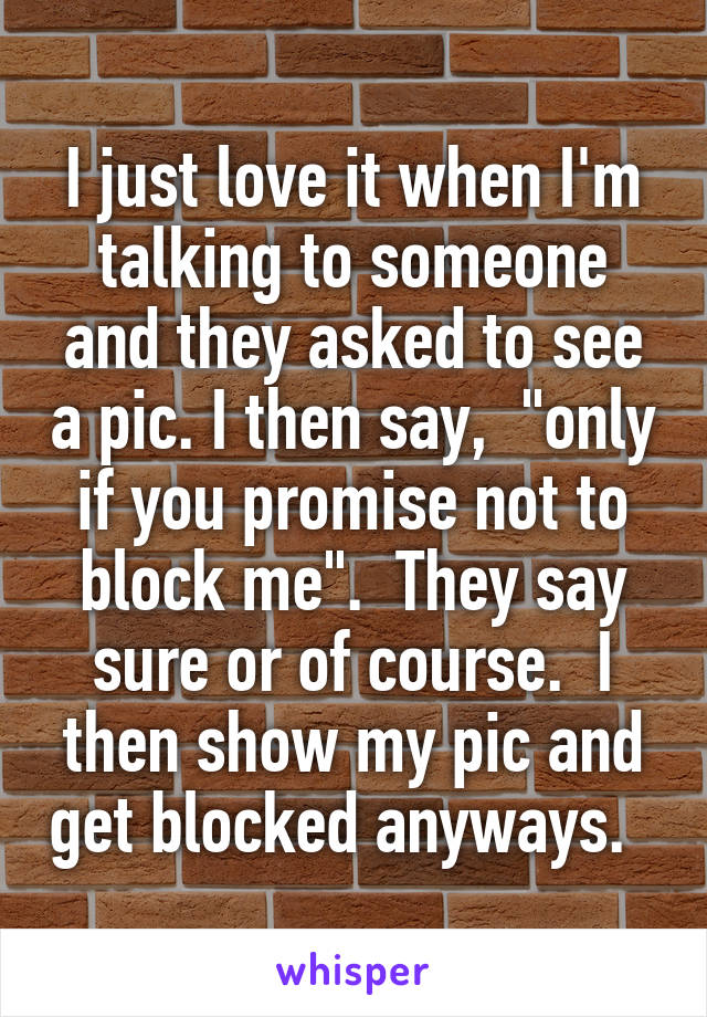 I just love it when I'm talking to someone and they asked to see a pic. I then say,  "only if you promise not to block me".  They say sure or of course.  I then show my pic and get blocked anyways.  