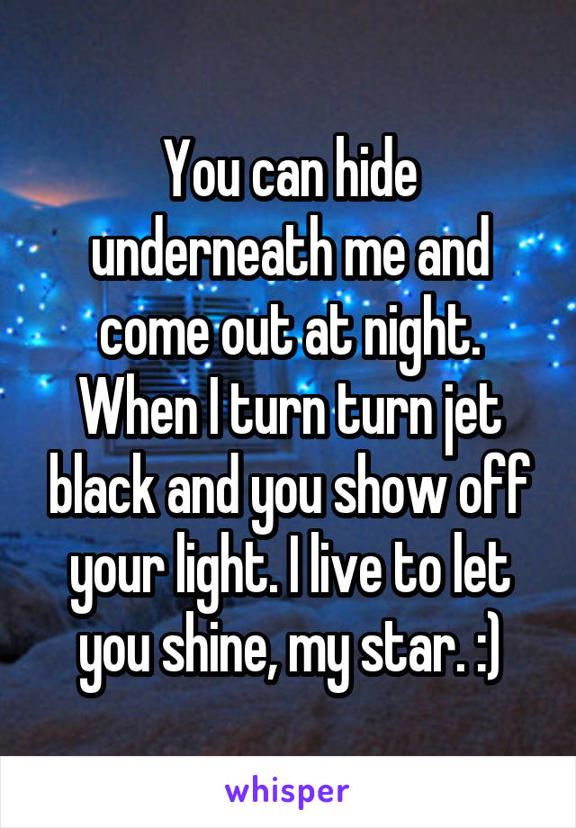 You can hide underneath me and come out at night. When I turn turn jet black and you show off your light. I live to let you shine, my star. :)