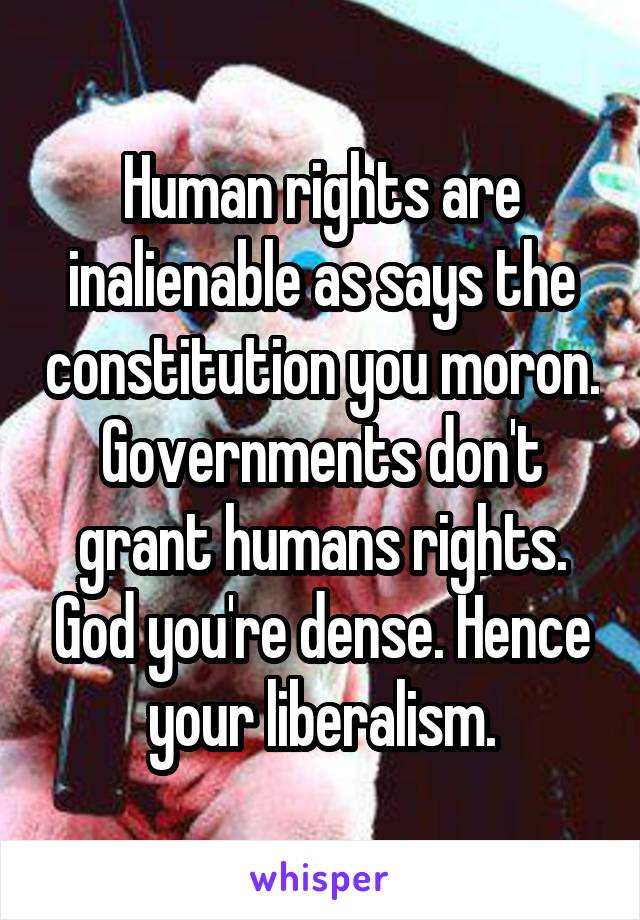 Human rights are inalienable as says the constitution you moron. Governments don't grant humans rights. God you're dense. Hence your liberalism.