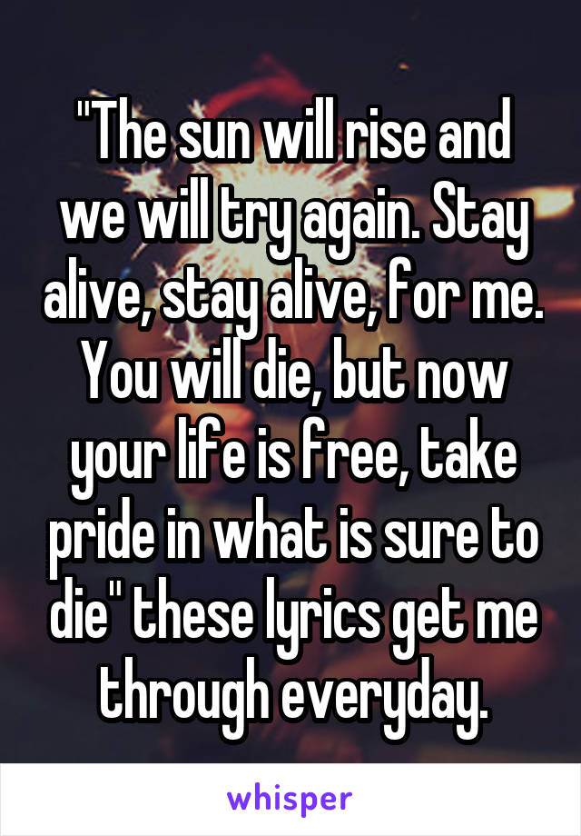 "The sun will rise and we will try again. Stay alive, stay alive, for me. You will die, but now your life is free, take pride in what is sure to die" these lyrics get me through everyday.