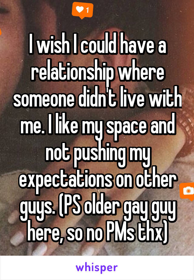I wish I could have a relationship where someone didn't live with me. I like my space and not pushing my expectations on other guys. (PS older gay guy here, so no PMs thx)