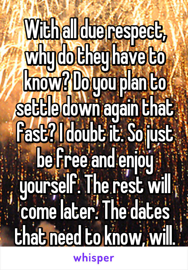 With all due respect, why do they have to know? Do you plan to settle down again that fast? I doubt it. So just be free and enjoy yourself. The rest will come later. The dates that need to know, will.