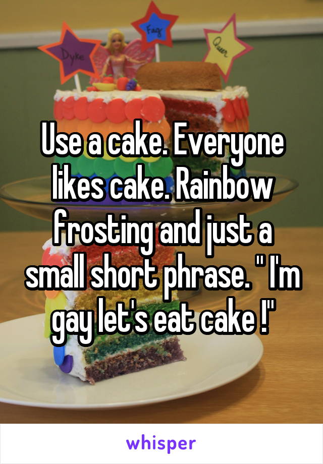 Use a cake. Everyone likes cake. Rainbow frosting and just a small short phrase. " I'm gay let's eat cake !"