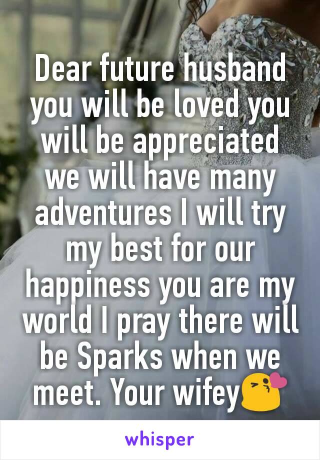 Dear future husband you will be loved you will be appreciated we will have many adventures I will try my best for our happiness you are my world I pray there will be Sparks when we meet. Your wifey😘