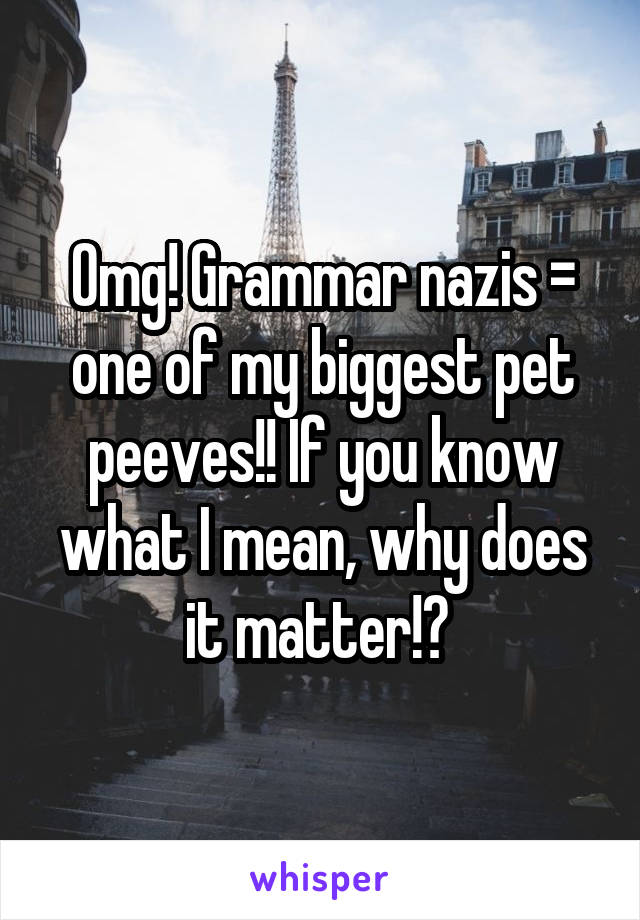 Omg! Grammar nazis = one of my biggest pet peeves!! If you know what I mean, why does it matter!? 
