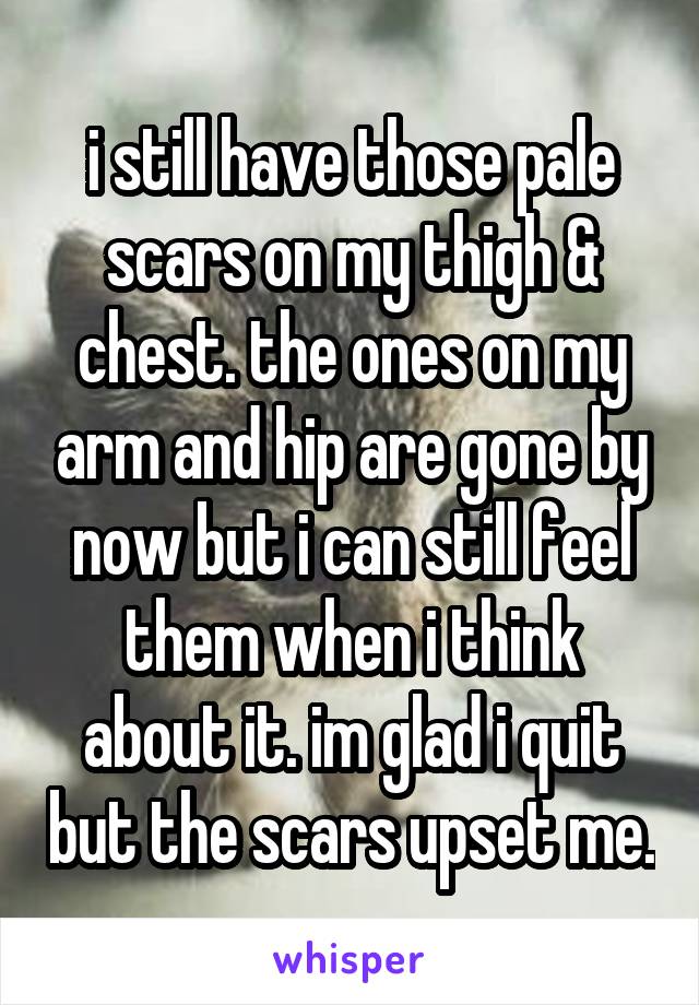 i still have those pale scars on my thigh & chest. the ones on my arm and hip are gone by now but i can still feel them when i think about it. im glad i quit but the scars upset me.