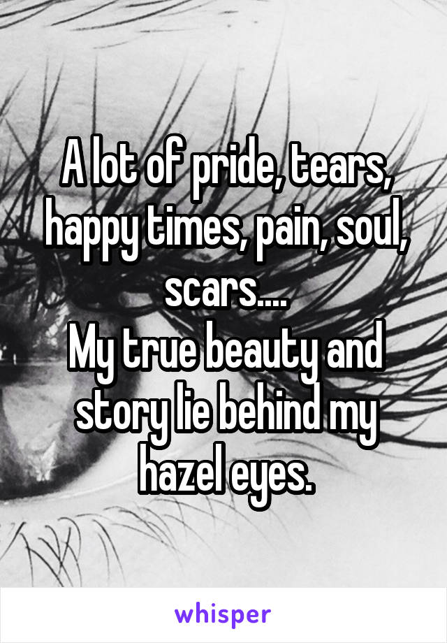 A lot of pride, tears, happy times, pain, soul, scars....
My true beauty and story lie behind my hazel eyes.