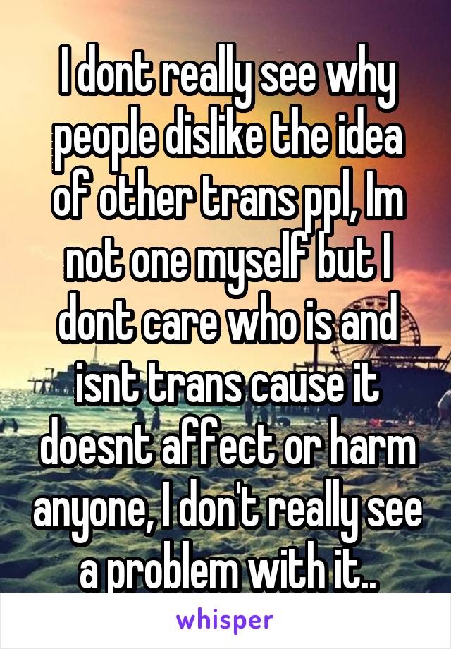 I dont really see why people dislike the idea of other trans ppl, Im not one myself but I dont care who is and isnt trans cause it doesnt affect or harm anyone, I don't really see a problem with it..
