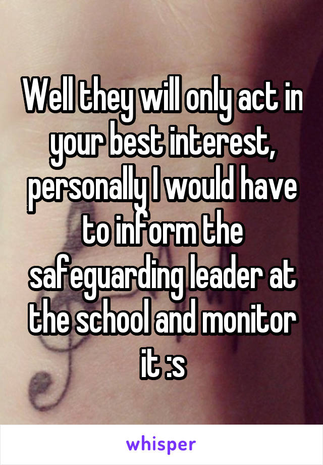 Well they will only act in your best interest, personally I would have to inform the safeguarding leader at the school and monitor it :s