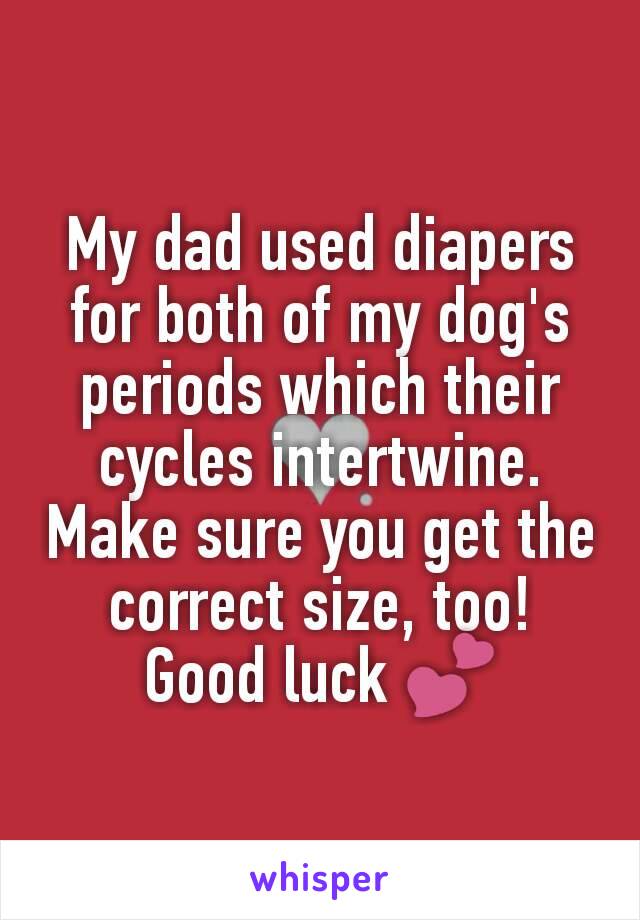 My dad used diapers for both of my dog's periods which their cycles intertwine. Make sure you get the correct size, too! Good luck 💕