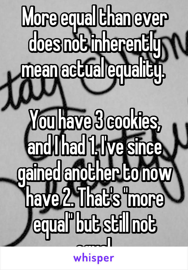 More equal than ever does not inherently mean actual equality. 

You have 3 cookies, and I had 1. I've since gained another to now have 2. That's "more equal" but still not equal.