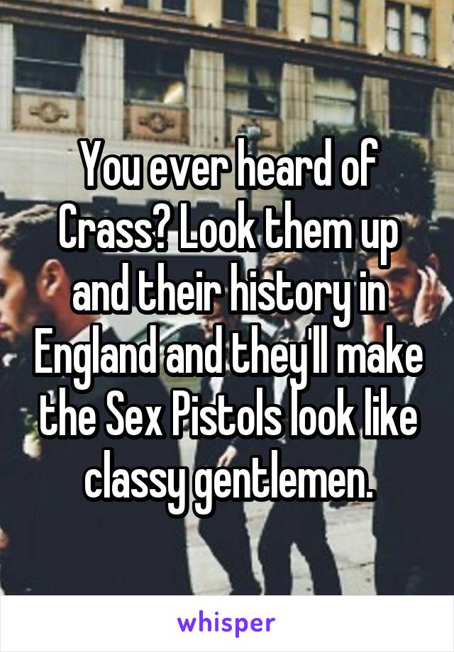 You ever heard of Crass? Look them up and their history in England and they'll make the Sex Pistols look like classy gentlemen.