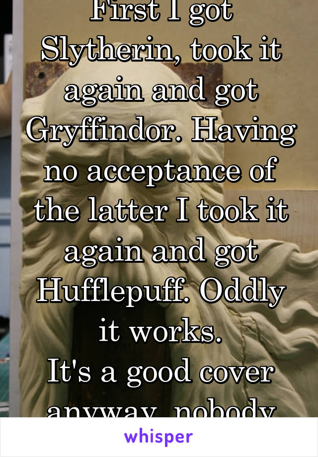 First I got Slytherin, took it again and got Gryffindor. Having no acceptance of the latter I took it again and got Hufflepuff. Oddly it works.
It's a good cover anyway, nobody suspects!