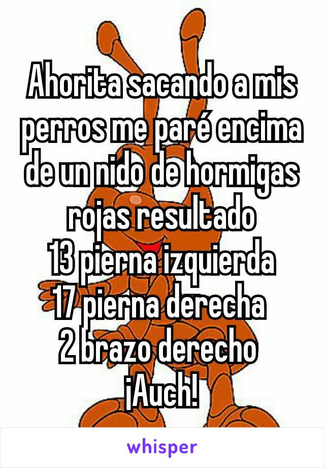 Ahorita sacando a mis perros me paré encima de un nido de hormigas rojas resultado
13 pierna izquierda
17 pierna derecha 
2 brazo derecho 
¡Auch!